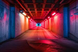 Empty illuminated tunnel glowing with neon lights at night photo