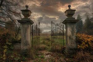 Old wrought iron gate opening to a mysterious field at dusk photo