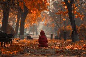 Child kneeling on autumn leaves in a park photo