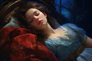 Artistic image of a serene young woman sleeping in a vintage bed under soft lighting photo