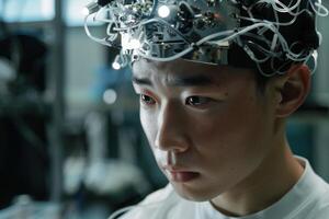 Neuroscientist analyzing brain activity with eeg headset in laboratory photo