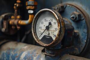 Old rusty pressure gauge showing pressure level in pipeline photo