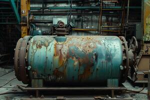 Old rusty industrial machine is standing in abandoned factory photo