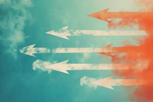 Arrows pointing in different directions on cloudy sky background photo