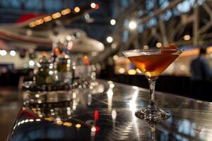 Manhattan cocktail standing on bar with airplane in background photo