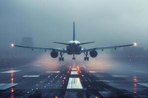 Passenger airplane landing on wet runway in foggy weather photo
