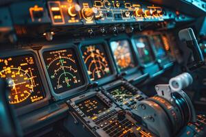 Airplane cockpit control panel showing flight data and navigation instruments photo