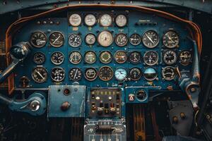 Airplane cockpit control panel showing flight instruments photo