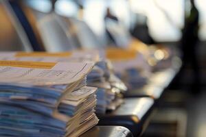 Stack of paperwork sitting on chairs in waiting area photo