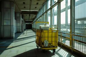 Yellow empty luggage cart waiting in a modern building corridor photo
