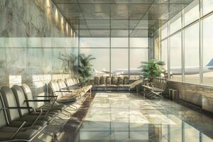 Empty airport terminal waiting area with sunlight streaming through windows photo