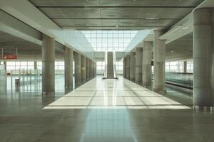 Empty airport terminal with sunlight shining through windows photo