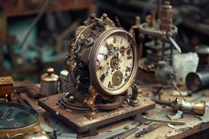 Old clock with visible gears lying on workbench in workshop photo