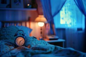 Alarm clock showing almost midnight in dark bedroom with blue light coming from window photo