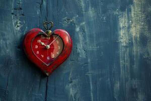 Red heart shaped clock ticking on blue rustic background showing time passing photo