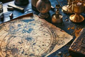 Astrologer analyzing an old astrological chart with symbols and runes on a wooden table photo