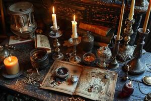 Open grimoire with magic spells and ingredients for magical ritual on wizard table photo
