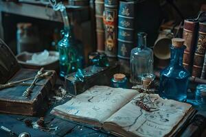 Alchemist experimenting with magic potion surrounded by ancient books and ingredients photo