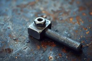 Old rusty bolt with nut lying on metal surface photo
