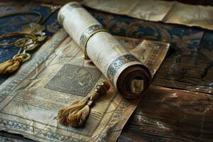 Ancient scroll unfurling on aged parchment with tassels and ornate details photo