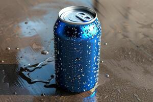 Blue aluminum can standing on wet wooden surface with water droplets photo