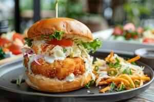 Delicious crispy fried chicken burger being served on plate photo