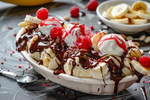 Delicious banana split dessert with chocolate syrup and raspberries being drizzled with chocolate syrup photo