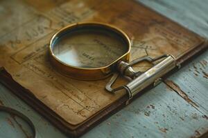 Antique magnifying glass resting on old book with worn cover and faded ink photo