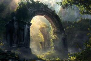 Ancient stone archway covered in lush vegetation leading to sunlit clearing photo