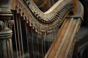 Closeup of the tuning pins and strings of a harp photo