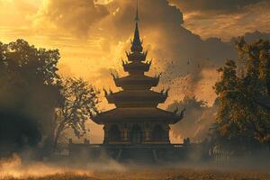 Ancient wooden temple emerging from fog at golden sunset with birds flying photo