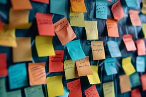 Brainstorming session using colorful sticky notes for creative solutions photo