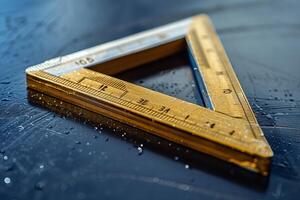 Carpenter's triangle lying on a wet surface with water droplets photo