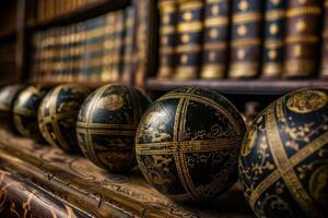 Ancient globes with golden engravings resting on a wooden shelf in an antique library photo