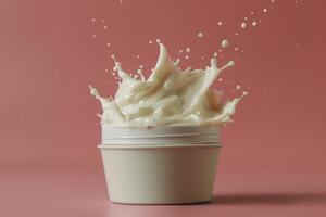 White cream splashing out of a container on a pink background photo
