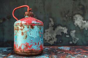 Old rusty red and blue sprayer sitting on a metal table photo