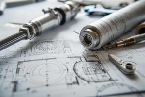 Engineering tools and blueprints on the table of an engineer or architect photo