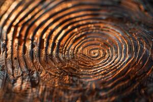 Closeup of a tree trunk showing concentric rings illuminating by golden sunlight photo