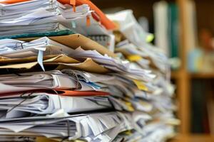Large stack of paperwork creating mess on office desk photo