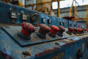 Old rusty control panel with red buttons is covered in dust photo