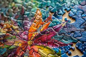 Colorful puzzle being solved on tabletop showing intricate details photo