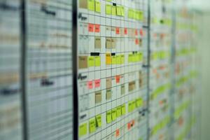 Project management board showing workflow progress with sticky notes photo