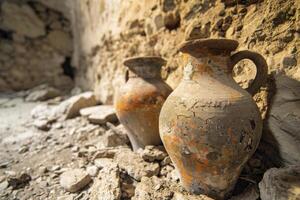 Two ancient clay pots resting against crumbling wall in an archaeological dig photo