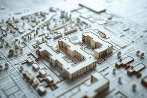 White architectural model of a residential complex on architectural drawings photo