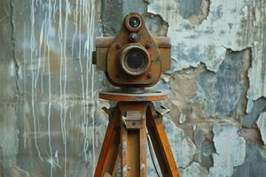 Old rusty theodolite standing on tripod on construction site photo