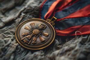 Ancient medallion resting on flowing fabric with red and blue ribbon photo