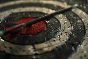 Arrow piercing the center of a target on a black and white target photo