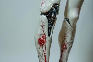 Cyborg legs showing hydraulics and red rose tattoo design photo