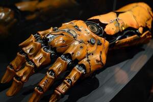 Advanced orange bionic hand resting on a table photo