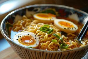 Steaming bowl of ramen with soft boiled eggs and scallions photo
